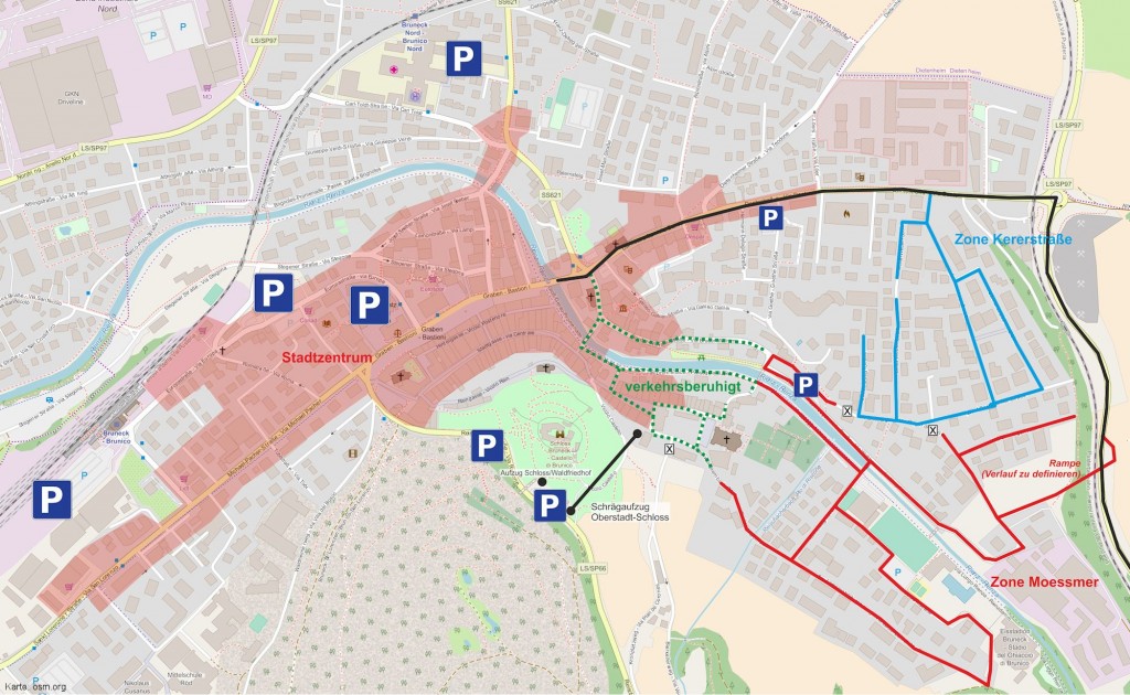 Schlossgarage und Bruneck-Ost: ein anderer Ansatz. - Rot markiertes Gebiet: Hauptkonzentration an Geschäften, Lokalen und Bürogebäuden.